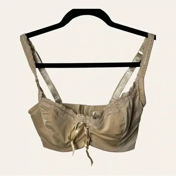 0344. Frederick’s of Hollywood Vintage‎ Underbust Bra 32F Beige Lace Trim - Picture 1 of 7